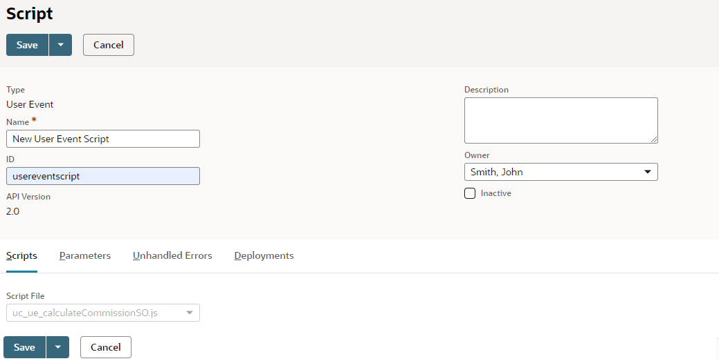 Script page with the Name field highlighted.