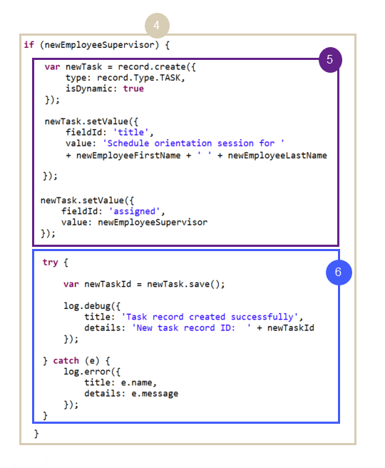 Sample code to create record, set values, and save the record.