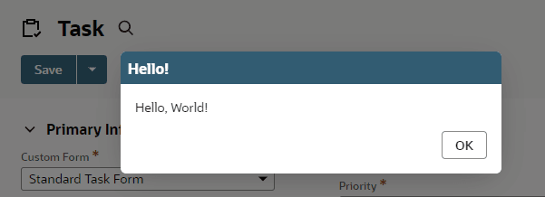 Output from script execution showing Hello, World dialog alert.