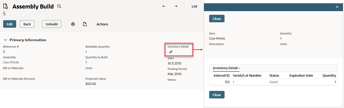 Subrecord displayed from Inventory Detail icon in the body field.