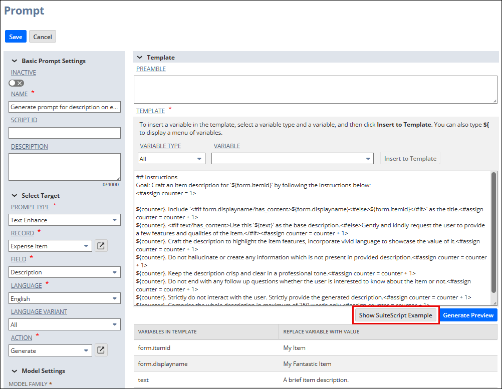 A prompt in Prompt Studio with the Show SuiteScript Example button highlighted.