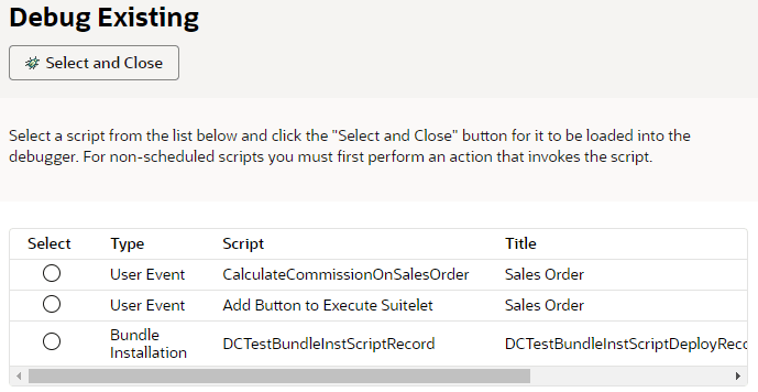 Debug Existing SuiteScript 2.1 script options.