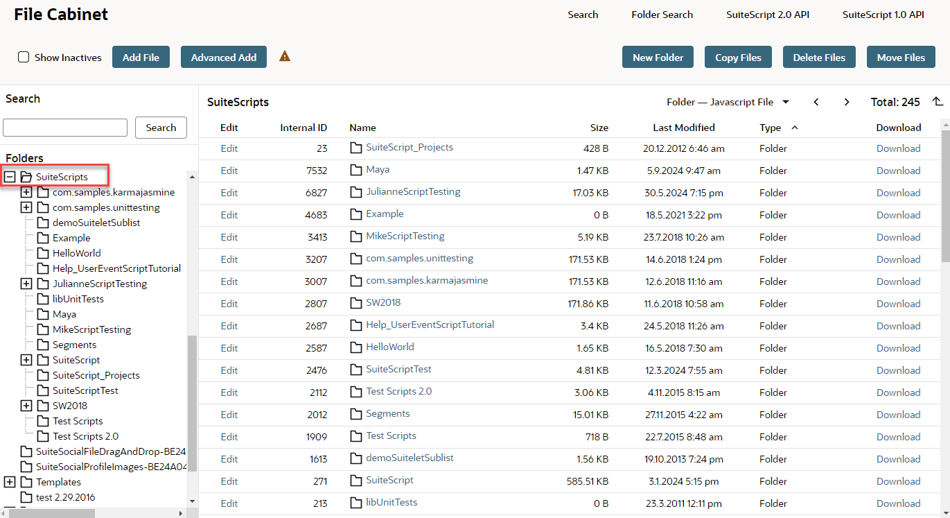The File Cabinet Folder Contents page with SuiteScript API link highlighted.