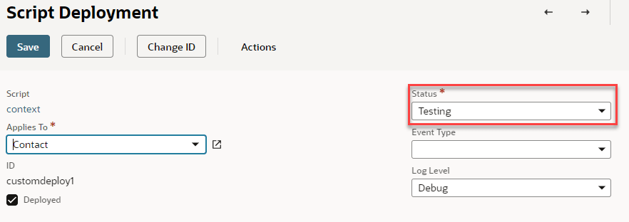 Script Deployment page setting Status to Testing.