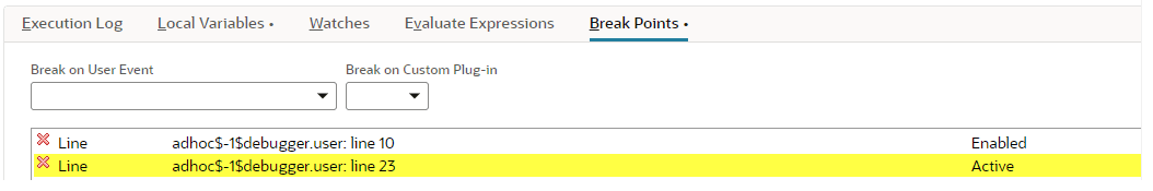 The Script Debugger Break Points tab.