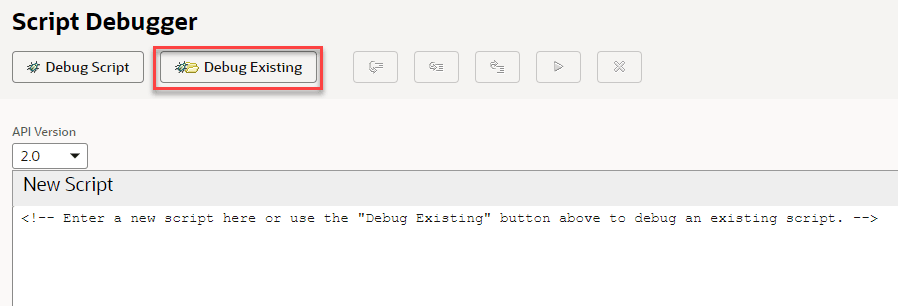 Script Debugger page with Debug Existing button highlighted.