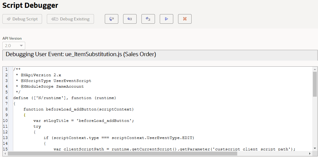 Script Debugger page debugging an existing user event script.