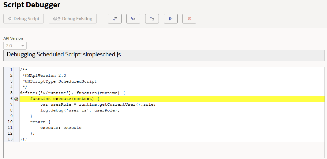 The Script Debugger with a break point on a log.debug statement.