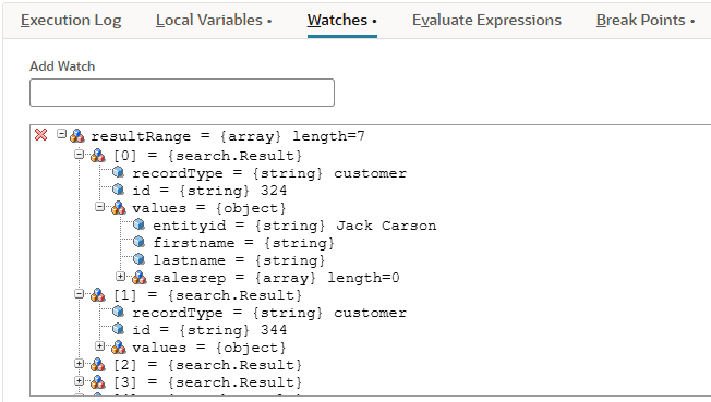 Script Debugger Watches tab with watch variables expanded.