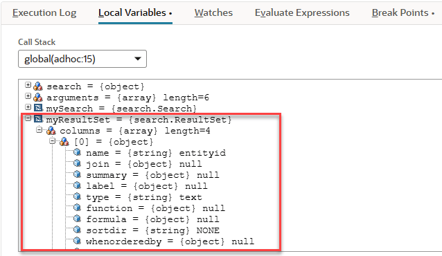 Script Debugger Local Variables tab with a variable fully expanded.