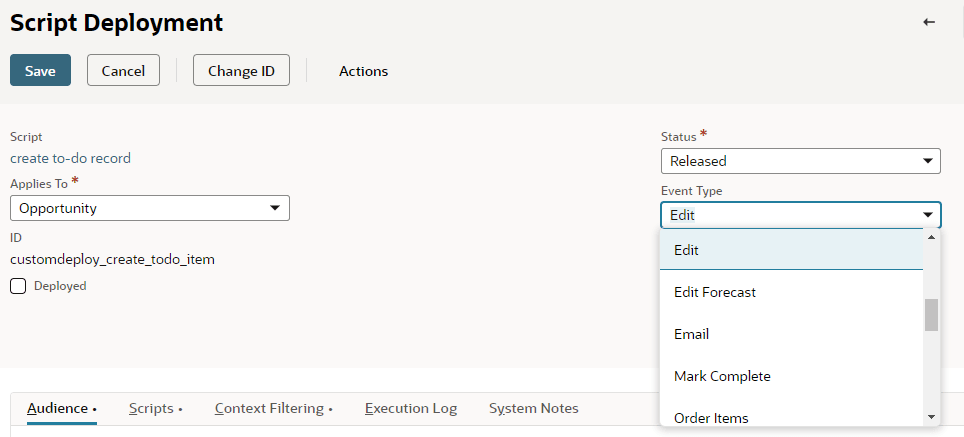 The Script Deployment page setting the Event Type to Edit.