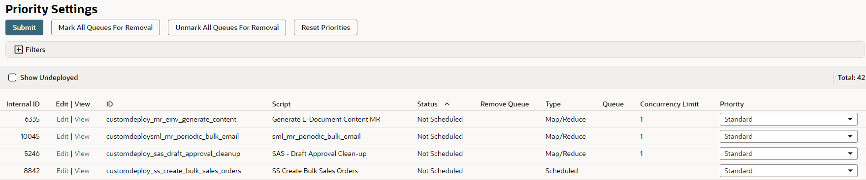 Priority Settings page with four scripts listed for processing.