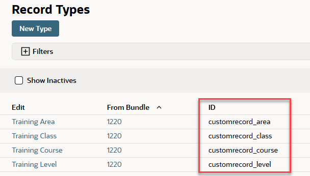 The Record Types page with the ID column highlighted.