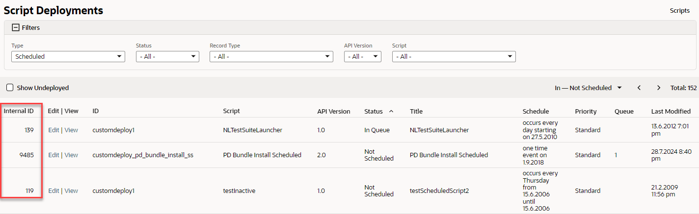 The Script Deployments page with the Internal ID column highlighted.