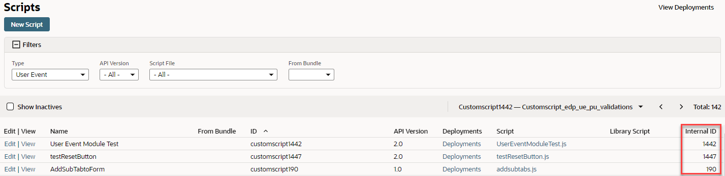 The Scripts page with the Internal ID column highlighted.