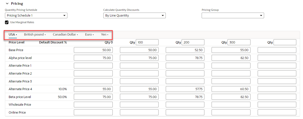 The pricing matrix tabs for currency types highlighted. Currency types are USA, British pound, Canadian Dollar, Euro, and Yen.