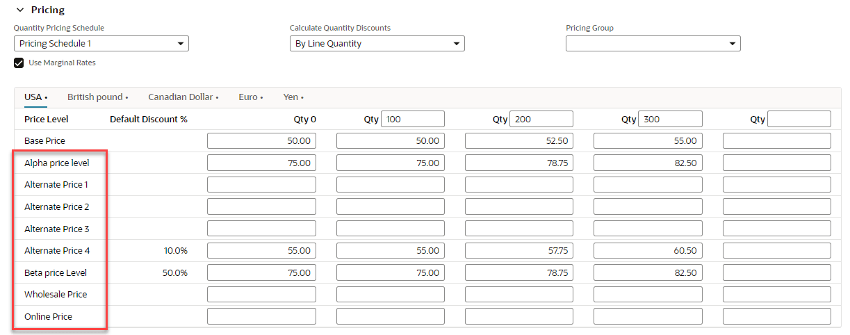 The pricing matrix with multiple price levels listed.