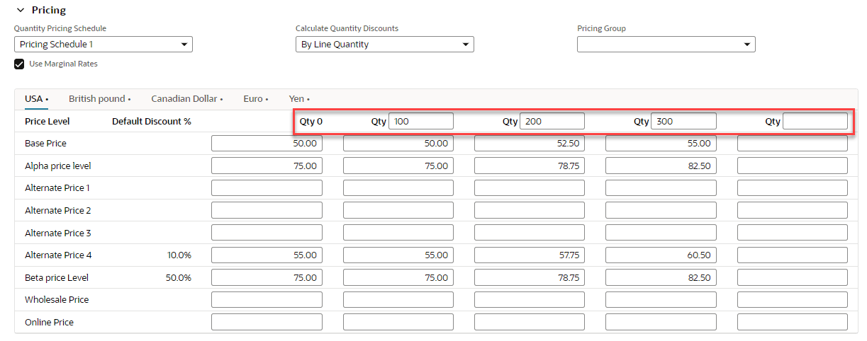 The pricing matrix with the quantity fields highlighted.
