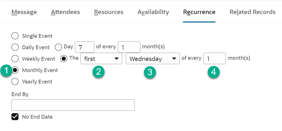 An example of setting the recurrence of an event.