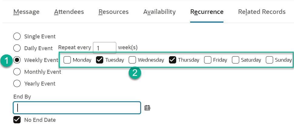 A weekly event with an advanced recurrence pattern.