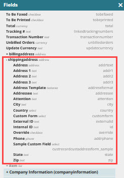 Advanced PDF/HTML Templates Fields list with shipping address fields outlined in red.