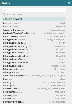 The list of available fields