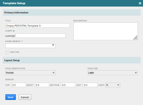Sample Saved Search Template Setup window
