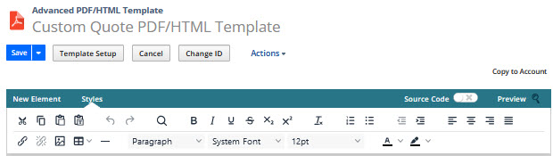 Sample advanced template showing the Styles toolbar.