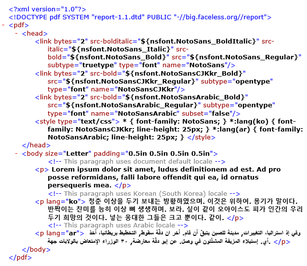 Advanced PDF/HTML Templates sample code using Korean and Arabic languages.