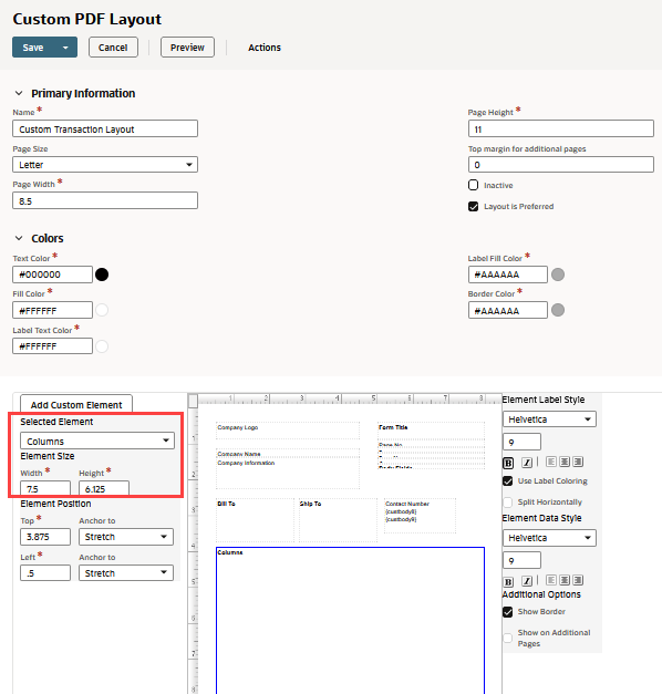 Sample Custom PDF Layout page with Selected Element settings outlined in red.