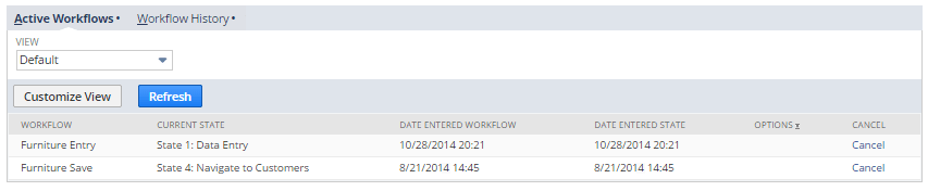 The Active Workflows subtab in Default view mode. The subtab shows an active workflow that is currently in State 1: Data Entry.