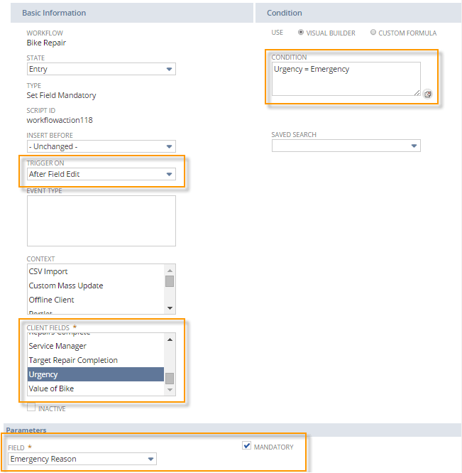 An example of a workflow where the Set Field Mandatory action is used to set the Emergency Reason field to mandatory if conditions are met.