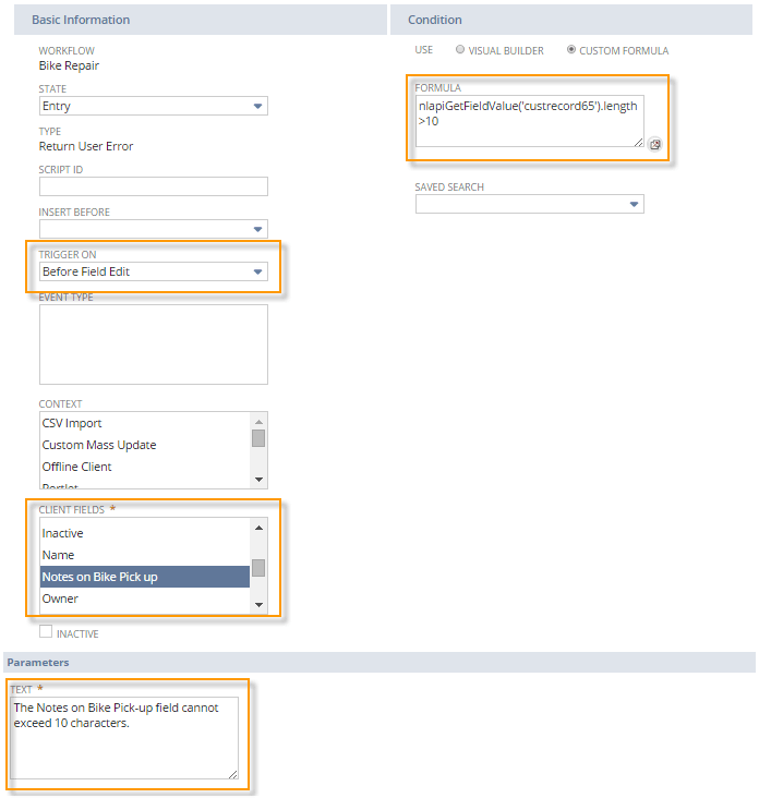 An example of the workflow definition page that shows a Return User Error action that is being used to validate the value of the Notes on Bike Pick-up field.