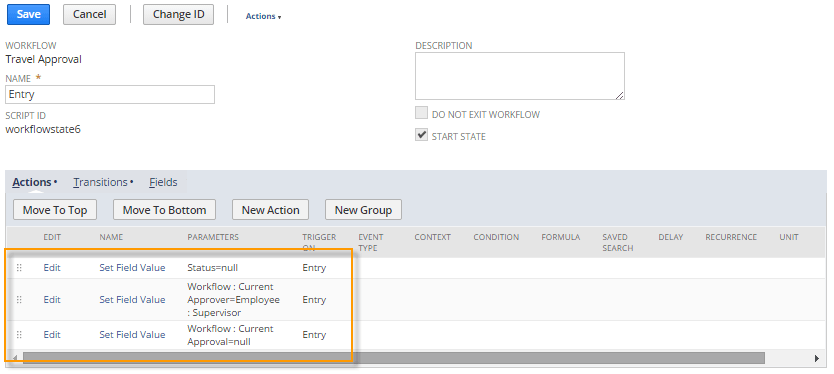 A screenshot showing the workflow definition and entry state for a workflow that initiates after a user clicks Save.