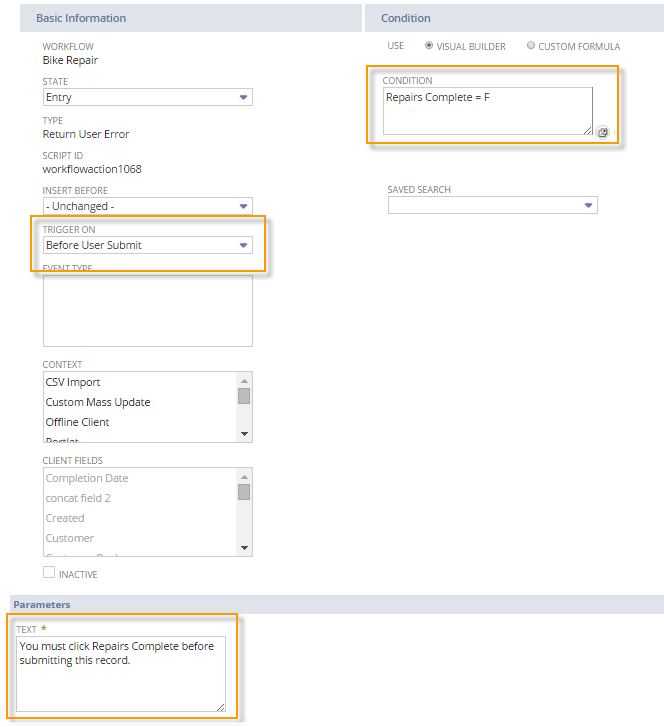 A portion of the workflow definition page showing a Return User Error action that is triggered by the Before User Submit trigger.
