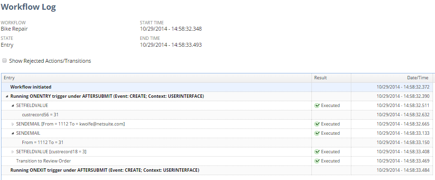 A portion of the workflow execution log after the trigger type for the Set Field Value action is changed to After Record Submit.
