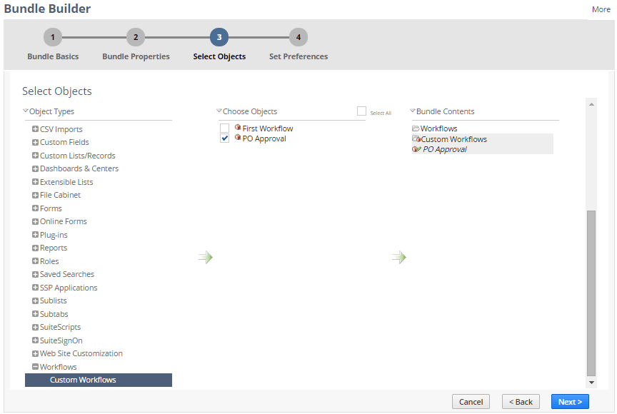 A portion of the Bundle Builder UI that shows where you can select workflows to include in a bundle.