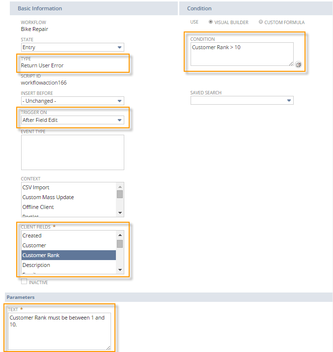 An example of a workflow that shows a Return User Error action that executes on the After Field Edit trigger and uses a condition.