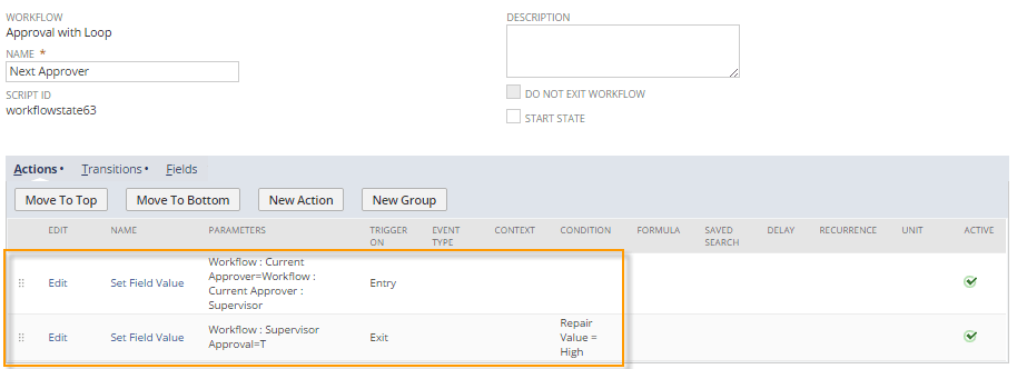 Screenshot of an example of actions set to execute on the Entry and Exit triggers.