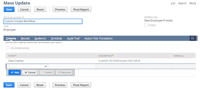 A portion of the Mass Updates page for employee records with the title of the action highlighted.