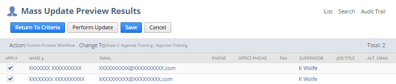 A portion of the Mass Update Preview Results page showing an example of the records that the mass update will run on.