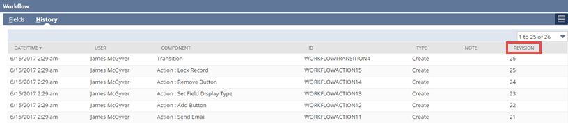 A portion of the Workflow Defition page with the History subtab selected and the Revision column highlighted.