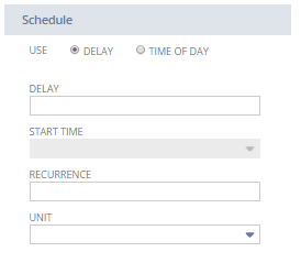 The Schedule options for an action or a transition. Options include delaying the scheduled action or transition, and selecting the start time of the delay.
