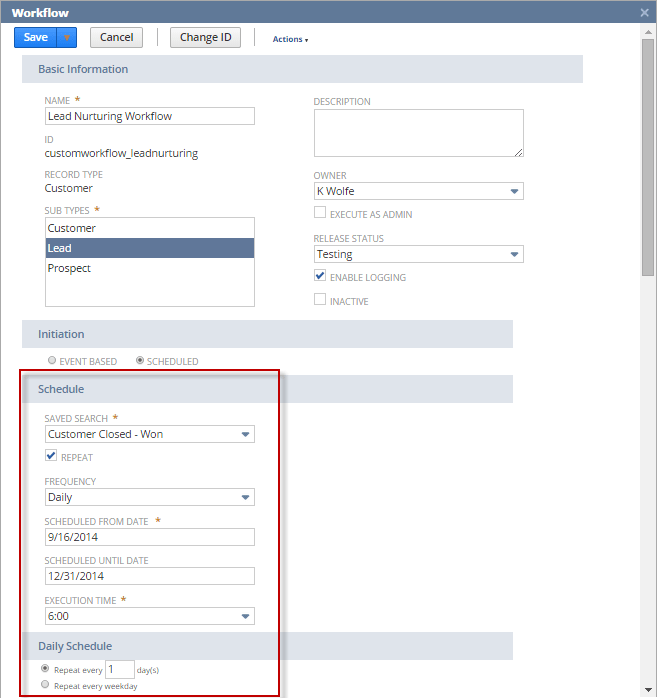 A screenshot depicting the Schedule settings required to set a workflow to run against a record on a daily basis.