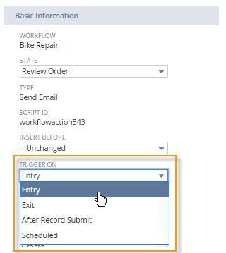 A portion of the Send Email action definition page with the Trigger On options highlighted. Options include Entry, Exit, After Record Submit, and Scheduled.