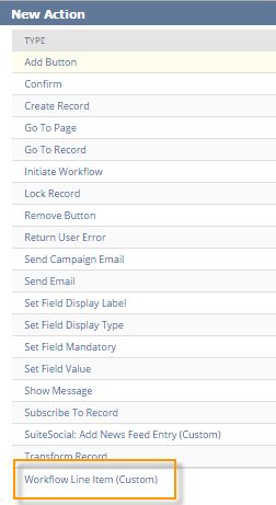 Screenshot of the custom action options.