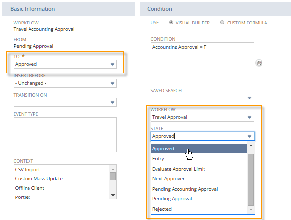 A screenshot showing the Workflow Transition window for a child workflow.