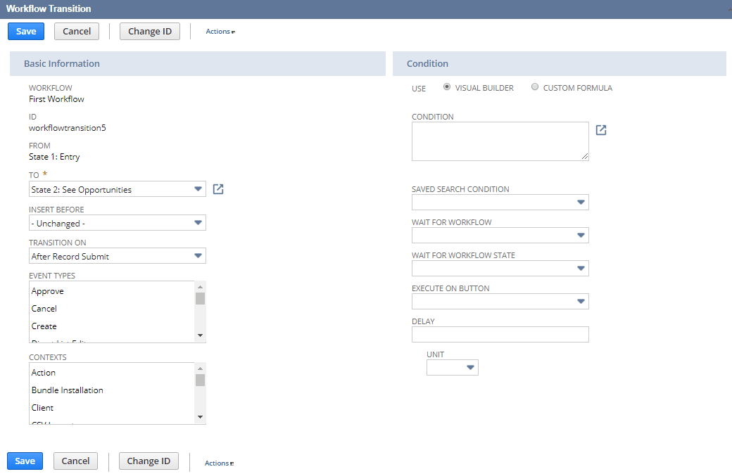A portion of the Workflow Transition screen showing the properties you can specify for transitions.