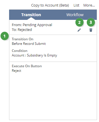 A screenshot of the Transition tab of a sample workflow.