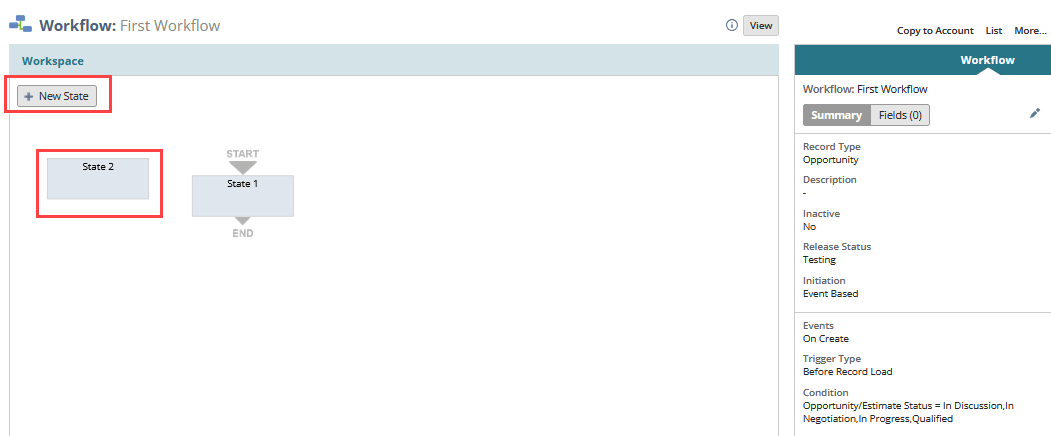The workflow diagrammer, with the New State button located at the top of the screen on the left. State 2 is also highlighted.